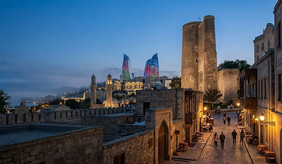 Baku, Azerbaijan Caspian coast and a walled Old City